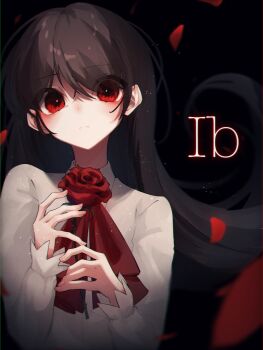 1girl black_background black_hair bow closed_mouth collared_shirt commentary copyright_name fingernails flower highres holding holding_flower ib_(ib) ib_(kouri) light_particles long_hair long_sleeves looking_at_viewer petals red_bow red_eyes red_flower red_rose rose shirt solo upper_body very_long_hair violet_(mesy4285) white_shirt