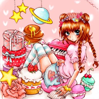 1girl :o arm_support blue_eyes blue_skirt book bow box braid brown_hair butter cake cherry commentary_request cushion double_bun flower food food-themed_hair_ornament frilled_hairband frills from_side fruit full_body gift gift_box hair_bow hair_bun hair_flower hair_ornament hairband heart heart_background heart_hair_ornament ichiha_sanami instrument jojifuku keyboard_(instrument) looking_at_viewer macaron on_cushion open_book original pancake pancake_stack parted_lips pink_background pink_flower pink_shirt purple_bow saturn_(planet) scrunchie shirt short_sleeves sitting skirt solo star_(symbol) strawberry strawberry_hair_ornament striped_clothes striped_thighhighs thighhighs twin_braids wrist_scrunchie yellow_scrunchie yume_kawaii