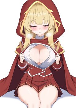 1girl :o absurdres blonde_hair blush breasts cape center_opening chop cleavage closed_eyes commentary_request commission feet_out_of_frame high_collar highres hood hood_up hooded_cape jacket large_breasts long_hair long_sleeves miniskirt no_bra oldsickkim open_clothes open_jacket original parted_lips partially_unbuttoned red_cape red_jacket red_skirt shirt simple_background sitting skirt solo steaming_body straight-on straight_hair white_background white_mouth white_shirt