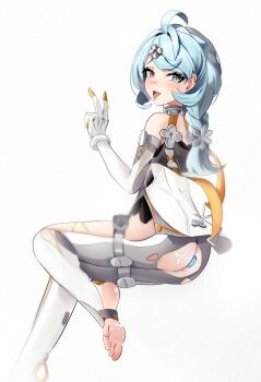 1girl absurdres ass barefoot black_shirt blue_eyes blue_hair butt_plug chen_kang clothing_cutout cum cum_on_ass cum_on_body cum_on_feet flower_ornament foot_blush formal_clothes gloves hair_ornament hairpin highres looking_at_viewer red_pupils see-through_dress_layer seed_(zenless_zone_zero) sex_toy shirt side_cutout sitting solo suit thigh_cutout toeless_legwear toeless_socks tongue tongue_out v white_background white_gloves white_suit zenless_zone_zero