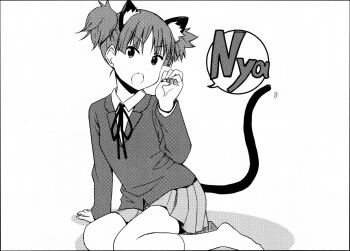 1girl animal_ears blazer cat_ears cat_tail chapter_cover fang greyscale hand_on_floor highres jacket k-on! k-on!_high_school kakifly looking_at_viewer monochrome non-web_source nyan official_art on_floor pleated_skirt sakuragaoka_high_school_uniform scan school_uniform short_twintails skirt socks solo speech_bubble suzuki_jun tail twintails white_socks winter_uniform