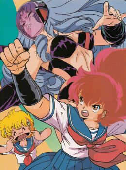 1980s_(style) 3girls ^_^ arm_up black_leotard blonde_hair blue_hair blue_skirt bracer clenched_hand closed_eyes daitokuji_biko floating_hair flower grin hair_flower hair_ornament helmet kotobuki_shiiko leotard long_hair magami_eiko multiple_girls neckerchief non-web_source official_art oldschool open_mouth pleated_skirt project_a-ko punched red_eyes red_hair retro_artstyle scan school_uniform serafuku short_hair short_sleeves skirt smile very_long_hair