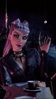 1girl 3d absurdres arm_under_breasts bed bed_sheet bedroom black_choker black_eyeshadow black_suit blurry blurry_foreground breasts chair choker claw_(weapon) claws cleavage clenched_hand commentary cone_hair_bun cup dark_background demon_girl earrings english_commentary evelynn_(league_of_legends) eyeshadow fang formal_clothes gem gold_earrings gradient_eyeshadow green_eyeshadow hair_bun hand_up head_tilt highres hoop_earrings indoors jewelry k/da_(league_of_legends) k/da_all_out_evelynn league_of_legends leather_suit long_hair long_sleeves looking_at_viewer makeup mature_female medium_breasts necklace nose on_chair pale_skin parted_lips pillow pointed_bangs purple_claws purple_eyeshadow purple_gemstone purple_lips saucer screencap shiny_clothes silver_claws sitting slit_pupils solo spiked_choker spikes studded_choker suit teacup teeth the_baddest_evelynn tooth_necklace two-tone_eyeshadow upper_body v-bangs weapon white_hair yellow_eyes