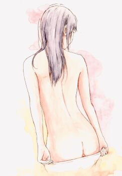 1girl absurdres ass back bare_back bbmasa black_hair butt_crack commentary_request cowboy_shot from_behind hibike!_euphonium highres liz_to_aoi_tori long_hair median_furrow panties panty_pull pulling_own_clothes shoulder_blades solo topless_female traditional_media underwear white_panties yoroizuka_mizore