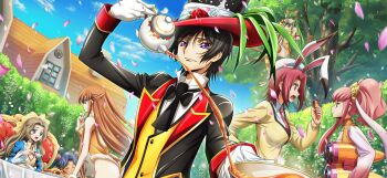 2boys 5girls anya_alstreim black_hair blue_eyes breasts brown_hair c.c. code_geass code_geass:_lost_stories decantering dress f4samurai game_cg gloves green_hair highres kouzuki_kallen large_breasts lelouch_vi_britannia long_hair looking_at_viewer multiple_boys multiple_girls nunnally_vi_britannia official_art orange_hair pink_hair purple_eyes red_hair rivalz_cardemonde shirley_fenette short_hair sleeping smile tree very_long_hair white_dress yellow_eyes