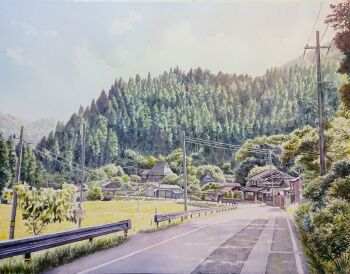 absurdres building cloud commentary_request day forest guard_rail highres hill house landscape nature no_humans original outdoors painting_(medium) photorealistic power_lines realistic road rural sky tominaga_hayato traditional_media tree utility_pole watercolor_(medium)