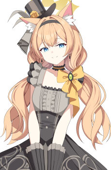 Rule 34 | 1girl, absurdres, animal ear fluff, animal ears, black hairband, black hat, black skirt, blue archive, blue eyes, cat ears, cat girl, closed mouth, commentary, grey shirt, hairband, halo, hat, high-waist skirt, highres, long hair, looking at viewer, low twintails, mari (blue archive), mari (idol) (blue archive), mini hat, mini top hat, official alternate costume, official alternate hairstyle, orange hair, shirt, skirt, smile, sob (submar1089), solo, top hat, twintails, wrist cuffs, yellow halo