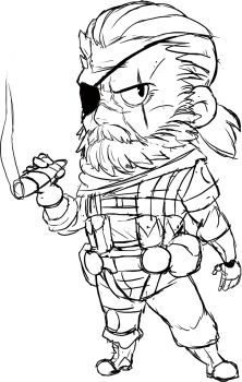 Rule 34 | 1boy, beard, chibi, cigar, eyepatch, facial hair, fingerless gloves, gloves, highres, horns, looking at viewer, mechanical arms, metal gear (series), metal gear solid v: the phantom pain, military, military uniform, ponytail, prosthesis, prosthetic arm, scar, scar across eye, scar on face, shrapnel, sketch, teevo, venom snake