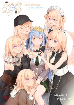 Rule 34 | 6+girls, absurdres, animal ears, arknights, bang dream!, bang dream! it's mygo!!!!!, baseball cap, black dress, black hat, blonde hair, blue hair, blush, brown corset, cellphone, closed eyes, clothing cutout, commentary request, corset, crown, diagonal-striped clothes, diagonal-striped necktie, dog ears, dog girl, dog tail, doloris (bang dream!), dress, green necktie, green skirt, grey jacket, hair between eyes, hair ribbon, hanasakigawa school uniform, haneoka school uniform, happy birthday, hat, highres, holding, holding phone, jacket, long hair, long sleeves, maid, maid day, medium hair, misumi uika, misumi uika (perro), multiple girls, multiple persona, necktie, one eye closed, open mouth, phone, purple eyes, ribbon, sailor collar, school uniform, sen jin chen, shoulder cutout, sidelocks, skirt, sleeveless, sleeveless dress, smartphone, striped clothes, tail, togawa sakiko, v, white necktie, white sailor collar, yuri