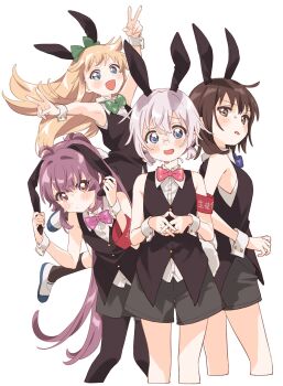 4girls ahoge animal_ears arm_up armband armpits black_hair black_pantyhose black_shorts black_socks black_vest blonde_hair blue_bow blue_bowtie blue_eyes blush bow bowtie breasts brown_eyes buttons closed_mouth collared_shirt commentary cropped_legs double_v fake_animal_ears fake_tail from_behind funami_yui glasses green_bow green_bowtie grey_hair hair_between_eyes hair_bow hair_intakes hair_ornament hands_up highres holding_ears ikeda_chitose jumping leg_up long_hair looking_at_viewer low_twintails medium_breasts multiple_girls namori nontraditional_playboy_bunny open_mouth own_hands_clasped own_hands_together pantyhose pink_bow pink_bowtie ponytail purple_bow purple_bowtie purple_eyes purple_hair rabbit_ears rabbit_hair_ornament rabbit_tail raised_eyebrows red_armband shirt shoes short_hair shorts simple_background sleeveless sleeveless_shirt smile socks standing straight-on sugiura_ayano sweatdrop tail toshinou_kyouko twintails uwabaki v v-shaped_eyebrows very_long_hair vest white_background white_shirt white_wrist_cuffs wrist_cuffs yuruyuri