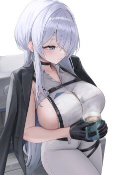 1girl absurdres black_jacket blue_eyes breasts brid_(nikke) button_gap coffee coffee_mug collared_shirt commentary cup earrings goddess_of_victory:_nikke grey_hair hair_over_one_eye highres holding holding_cup jacket jacket_on_shoulders jewelry kurone_rinka large_breasts long_hair mug pants shirt sideboob sideless_shirt solo white_pants white_shirt