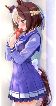 Rule 34 | 1girl, absurdres, animal ears, blush, bow, bowtie, box, braid, breasts, brown hair, commentary request, ear bow, ear ribbon, gift, gift box, half up braid, highres, holding, holding box, holding gift, horse ears, horse girl, horse tail, kakikakilemon, long sleeves, mixed-language commentary, multicolored hair, pleated skirt, purple bow, purple eyes, purple sailor collar, purple serafuku, purple shirt, purple skirt, sailor collar, sailor shirt, school uniform, serafuku, shirt, short hair, skirt, solo, special week (umamusume), tail, tracen school uniform, two-tone hair, umamusume, white bow, white bowtie, white hair