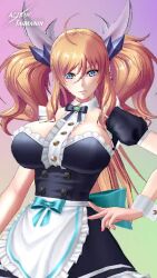 1girl 3d action_taimanin alternate_costume animated audible_speech blonde_hair bouncing_breasts breasts cleavage cryokinesis dress hand_on_own_hip highres ice japanese_audio long_hair maid official_alternate_costume onizaki_kirara ryona shiny_skin smile sound standing tagme taimanin_(series) twintails two_side_up video wide_hips