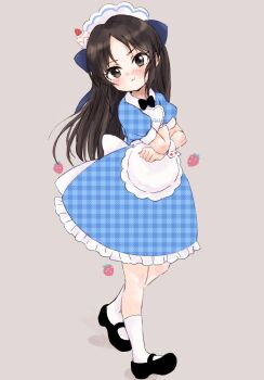 Rule 34 | 1girl, apron, black eyes, black hair, blush, commentary request, dress, food, fruit, full body, highres, idolmaster, idolmaster cinderella girls, idolmaster cinderella girls u149, long hair, looking at viewer, maid, mary janes, petticoat, pout, shin fuj, shoes, solo, strawberry, tachibana arisu