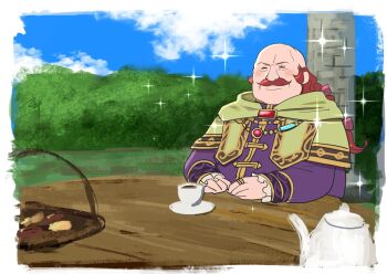 Rule 34 | 1boy, balding, closed eyes, cloud, commentary request, cup, day, facial hair, fat, fat man, fire emblem, fire emblem: path of radiance, fire emblem: three houses, hands on table, highres, homa kura, irregular border, male focus, mustache, nintendo, oliver (fire emblem), ponytail, red hair, saucer, sky, soeda ippei, solo, sparkle, sparkling aura, table, teacup, teapot