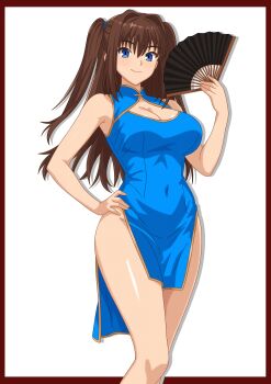 Rule 34 | 1girl, absurdres, aozaki aoko, bare shoulders, blue dress, blue eyes, blush, breasts, brown hair, china dress, chinese clothes, cleavage, cleavage cutout, clothing cutout, covered navel, dress, folding fan, gold trim, hair intakes, hand fan, highres, justcuyo, large breasts, long hair, looking at viewer, mahou tsukai no yoru, pelvic curtain, sidelocks, smile, solo, thighs, two side up