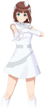 1girl amami_haruka brown_hair dress gloves green_eyes hair_ribbon hat idol_clothes idolmaster idolmaster_(classic) idolmaster_shiny_colors idolmaster_shiny_colors_song_for_prism mini_hat official_art ribbon smile solo transparent_background voy@ger_(idolmaster) white_dress white_gloves