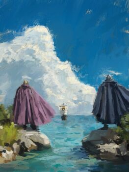 Rule 34 | 2boys, blue cape, blue sky, boat, brogy (one piece), cape, cloud, dorry (one piece), fuyumurasaki, giant, helmet, jolly roger, multiple boys, ocean, one piece, purple cape, sky, straw hats jolly roger, watercraft