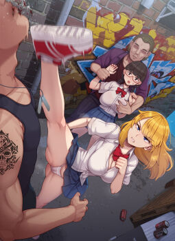 2boys 2girls abubu alley black_hair black_tank_top blonde_hair blood blue_eyes blue_skirt blunt_bangs bow bowtie braid breasts brick_wall brown_hair cameltoe can cargo_pallet clenched_teeth commentary_request dog_tail drink_can faceless faceless_male glasses graffiti groping high_kick highres impossible_clothes kicking large_breasts motion_blur multiple_boys multiple_girls original outdoors panties pantyshot parted_lips pleated_skirt red_bow red_bowtie restrained saliva school_uniform shirt short_sleeves skirt soda_can split standing standing_on_one_leg standing_split tail tank_top tattoo teeth thighs twin_braids underwear white_panties white_shirt