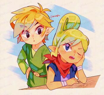 1boy 1girl ;o adversarial_noise arm_rest artist_name bandana bandana_around_neck belt blonde_hair blue_vest brown_belt commentary_request green_tunic hand_on_own_cheek hand_on_own_face hand_on_own_hip highres link long_sleeves nintendo no_headwear one_eye_closed open_mouth parted_lips pointy_ears purple_shirt red_bandana shirt tetra the_legend_of_zelda the_legend_of_zelda:_the_wind_waker tokuura toon_link tunic vest watermark watermark_grid