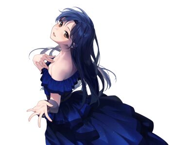 1girl absurdres bare_shoulders blue_dress blue_hair brown_eyes commentary_request dress earrings fingernails frilled_dress frills from_side head_tilt highres idolmaster idolmaster_(classic) jewelry kisaragi_chihaya long_hair looking_at_viewer looking_to_the_side nozawa_noko open_mouth outstretched_hand shaft_look simple_background solo upper_body white_background