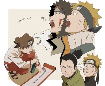 1girl 3boys ? absurdres akamaru_(naruto) black_eyes black_hair blonde_hair blue_eyes brown_eyes brown_hair dated dog double_bun facial_mark forehead_protector hair_bun highres holding holding_scroll hood hood_up inuzuka_kiba konohagakure_symbol long_sleeves multiple_boys multiple_views nara_shikamaru naruto_(classic) naruto_(series) naruto_shippuuden open_mouth pants pnpk_1013 red_pants scroll shirt spiked_hair spoken_question_mark sweat teeth tenten_(naruto) uzumaki_naruto whisker_markings white_shirt