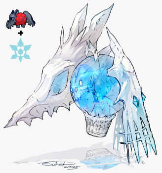 absurdres check_copyright commentary_request copyright_request crack crystal_ball dated grey_background highres no_humans object_focus original reflective_floor shadow signature simple_background skull snowflakes sukepmonster