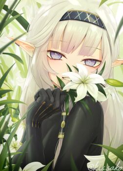 1girl black_bodysuit blue_archive blue_hairband bodysuit commentary_request flower grin hairband halo highres himari_(blue_archive) kis_sako lily_(flower) long_pointy_ears looking_at_viewer partial_commentary pointy_ears purple_eyes smile solo teeth twitter_username white_hair white_halo