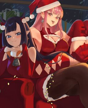 3girls absurdres alternate_costume black_pantyhose breasts cleavage cleavage_cutout closed_mouth clothing_cutout commentary dress ear_piercing english_commentary fur-trimmed_dress fur-trimmed_headwear fur_trim hat highres hirosenpai hololive hololive_english holomyth large_breasts looking_at_viewer mori_calliope multiple_girls ninomae_ina&#039;nis open_mouth pantyhose piercing pink_hair pointy_ears red_dress red_eyes red_hat red_skirt santa_hat skirt sleeveless sleeveless_dress small_breasts takanashi_kiara tongue tongue_out virtual_youtuber