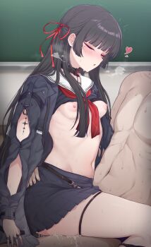 1boy 1girl absurdres afterglow arm_cutout black_choker black_hair black_jacket black_panties black_serafuku black_shirt black_skirt blush breasts breath chalkboard chisa_(wuthering_waves) choker classroom closed_eyes clothes_lift clothing_cutout commentary_request cum from_side girl_on_top hair_ribbon hand_on_another&#039;s_hip heart hetero highres indoors jacket korean_commentary lee_mae_hyang long_hair long_sleeves medium_breasts mole mole_under_eye navel neckerchief nipples open_clothes open_jacket panties panty_pull red_neckerchief red_ribbon ribbon sailor_collar school_uniform serafuku sex shirt shirt_lift skirt stomach straddling sweat tacet_mark_(wuthering_waves) thigh_strap thighs twitching underwear upright_straddle variant_set very_long_hair white_sailor_collar wuthering_waves