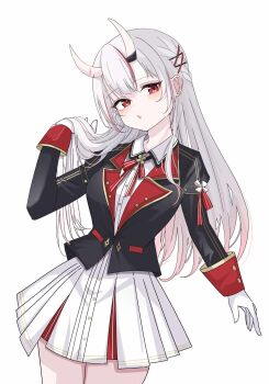 1girl black_jacket braid collared_dress commentary dreamoon dress gloves gold_trim hair_between_horns half_up_braid hand_in_own_hair hand_up highres hololive horns jacket lapels long_hair looking_at_viewer multicolored_hair nakiri_ayame nakiri_ayame_(9th_costume) neck_ribbon notched_lapels oni open_mouth pleated_dress red_eyes red_hair red_ribbon ribbon short_dress simple_background skin-covered_horns sleeve_cuffs streaked_hair virtual_youtuber white_background white_dress white_gloves white_hair