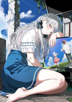 1girl amei_kanna bare_legs barefoot black_pants black_scrunchie blouse blue_skirt blue_sky blush brown_hair closed_mouth cloud commentary_request day grey_hair hair_ornament hair_scrunchie hakuchuumu_no_aojashin highres long_hair looking_at_viewer momonouchi_sumomo multicolored_hair official_art pants pink_hair pink_skirt red_eyes scrunchie second-party_source shimofuri shirt short_hair short_sleeves sitting skirt sky solo television two_side_up white_shirt yonagi_(hakuchuumu_no_aojashin)
