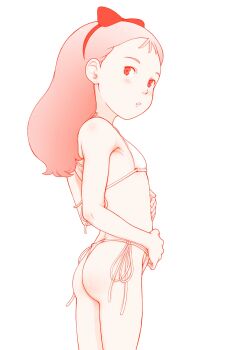 1girl ass bikini blush bow_hairband character_request copyright_request flat_chest from_side hairband hand_on_own_stomach highres loli long_hair monochrome parted_lips red_theme riarutoruchokku short_bangs side-tie_bikini_bottom solo swimsuit webp-to-png_conversion
