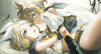 1boy 1girl absurdres aqua_eyes black_arm_warmers black_sailor_collar blonde_hair bow_hairband hair_ornament hairband hairclip hashtag-only_commentary hayama_hashiwo headset highres kagamine_len kagamine_rin looking_at_viewer lying neckerchief on_stomach open_mouth parallel_hairclips ponytail sailor_collar shirt short_hair short_ponytail short_shorts shorts smile thighs vocaloid white_hairband white_shirt yellow_neckerchief