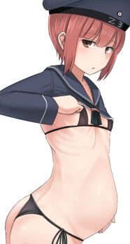 10s 1girl bikini black_bikini brown_eyes brown_hair clothes_writing female_focus kantai_collection looking_at_viewer parted_lips pregnant ribs sailor_collar short_hair side-tie_bikini_bottom solo swimsuit taji_(crowview) z3_max_schultz_(kancolle)