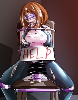 1girl after_rape aftersex arms_behind_back ball_gag bdsm black_bodysuit blindfold bodysuit boku_no_hero_academia bondage bound breasts brown_hair captured censored chair covered_eyes cum cum_on_body cum_on_hair dildo facial facing_viewer gag gagged helpless hero_outfit_(mha) highres large_breasts multicolored_bodysuit on_chair pink_bodysuit raitaroo sex_toy short_hair sidelocks sign sitting solo spread_legs spreader_bar superhero_costume superheroine_costume tears torn_clothes uraraka_ochako uraraka_ochako_(hero_outfit) white_bodysuit
