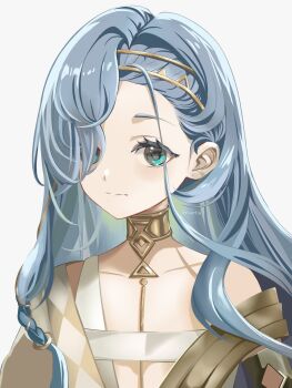 Rule 34 | 1girl, 37 (reverse:1999), absurdres, ancient greek clothes, armlet, bare shoulders, blue eyes, blue hair, closed mouth, collarbone, commentary, eyes visible through hair, gold choker, greco-roman clothes, hair over one eye, highres, jewelry, long hair, looking at viewer, reverse:1999, riarts16, solo, toga, upper body, white background