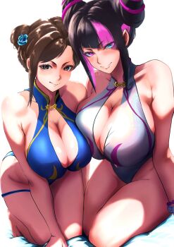 2girls bare_shoulders black_hair blue_eyes blue_one-piece_swimsuit breasts brown_hair capcom chun-li cleavage commentary_request han_juri heterochromia highres large_breasts multiple_girls one-piece_swimsuit outline purple_eyes purple_hair satopuu simple_background street_fighter swimsuit white_background white_one-piece_swimsuit white_outline