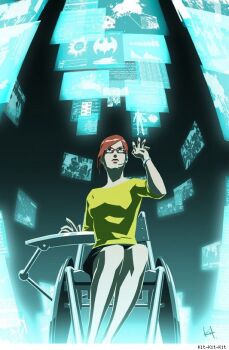 1girl artist_name barbara_gordon batman_(series) bracelet computer dc_comics glasses green_eyes headset holographic_interface jewelry kit map oracle oracle_(dc) red_hair sitting wheelchair