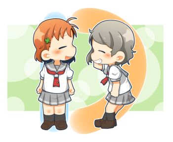 Rule 34 | 2girls, ahoge, arm up, arms at sides, black socks, blue eyes, blush, border, brown footwear, commentary request, facing another, full body, gentaro (g teall), green background, grey hair, grey sailor collar, grey skirt, grin, highres, letter pose, loafers, love live!, love live! sunshine!!, miniskirt, multiple girls, neckerchief, open mouth, orange hair, outside border, pleated skirt, profile, red eyes, red neckerchief, sailor collar, school uniform, serafuku, shirt, shoes, short hair, short sleeves, skirt, smile, socks, standing, summer uniform, takami chika, teeth, tie clip, upper teeth only, uranohoshi school uniform, watanabe you, white border, white shirt