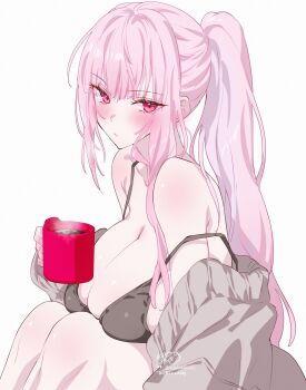 1girl absurdres alternate_costume asymmetrical_sidelocks black_bra blunt_bangs bra breasts cardigan cleavage closed_mouth cup grey_cardigan highres holding holding_cup hololive hololive_english kamiya_maneki knees_up large_breasts long_hair looking_at_viewer mori_calliope mug off_shoulder pink_eyes pink_hair ponytail sidelocks simple_background sitting solo steam strap_slip underwear virtual_youtuber white_background