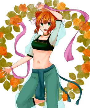 1girl breasts dancer double_bun fire_emblem fire_emblem:_the_binding_blade green_eyes hair_bun highres ko_ku_e_i larum_(fire_emblem) looking_at_viewer midriff nintendo orange_hair small_breasts solo