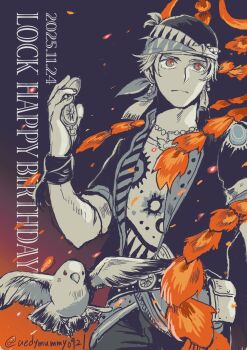 1boy bead_necklace beads bird black_jacket character_name commentary_request dated earrings final_fantasy final_fantasy_vi happy_birthday headscarf highres holding_compass jacket jewelry locke_cole male_focus monochrome necklace parted_bangs print_shirt ribbon sash shirt short_hair solo twitter_username uedymummy0921 waist_sash wrist_ribbon