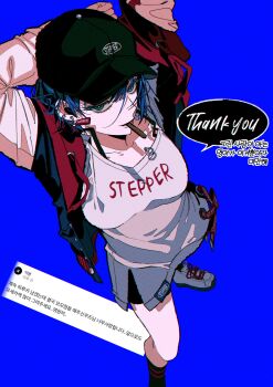 1girl absurdres alternate_breast_size_(larger) arm_behind_back arms_up bare_legs baseball_cap black_hat black_shorts blue_background blue_eyes blue_hair blue_jacket breasts bright_pupils clothes_writing collarbone colored_speech_bubble commentary_request cuz_39 drawstring earrings english_text fan_request foot_out_of_frame from_above hair_between_eyes hat highres hood hood_down hooded_jacket jacket jewelry kiritani_haruka kitaete_fly!_muscle_training!_(project_sekai) korean_commentary korean_text large_breasts long_sleeves looking_at_viewer mouth_hold multicolored_jacket official_alternate_costume open_clothes open_jacket project_sekai red_jacket request_inset shirt shoes short_hair short_shorts shorts simple_background sneakers solo speech_bubble spin-spin_(site) standing stretching thank_you translation_request white_jacket white_pupils white_shirt white_shoes