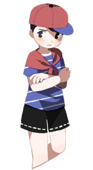 Rule 34 | 1boy, baseball cap, black shorts, blush, commentary request, cropped legs, crossed arms, hat, looking at viewer, male focus, mother (series), mother 1, neckerchief, nervous, ninten, nintendo, pac-man eyes, red hat, red neckerchief, shirt, short hair, short sleeves, shorts, simple background, solo, striped clothes, striped shirt, tanba (tanba-art), white background