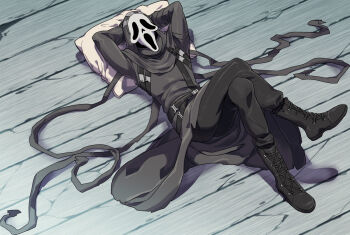 1boy arms_behind_head belt black_belt black_boots black_cloak black_pants boots cloak crossed_legs dead_by_daylight ghostface hood hooded_cloak lying mask mizu_cx on_back pants pillow solo