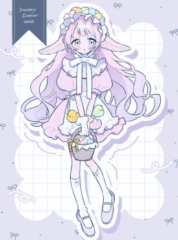 Rule 34 | 1girl, animal ears, apron, basket, blunt bangs, blush stickers, bonnet, border, commentary request, dress, easter, easter egg, egg, floppy ears, full body, grid background, happy easter, highres, holding, holding basket, kneehighs, long hair, looking at viewer, niyu (nennenkorori3), open mouth, original, outside border, pink dress, pink eyes, pink hair, purple border, purple shoes, rabbit ears, rabbit girl, shoes, short sleeves, socks, solo, standing, waist apron, white apron, white background, white bonnet, white socks