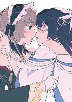 2girls after_kiss bare_shoulders black_dress black_hair blue_eyes bonnet brown_hair closed_eyes columbina_(genshin_impact) commentary_request detached_sleeves dress genshin_impact gloves highres himero long_hair looking_at_another multiple_girls open_mouth saliva saliva_trail sandrone_(genshin_impact) simple_background tongue white_background white_dress white_gloves yuri