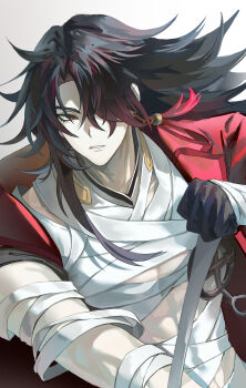 1boy abs absurdres ahoge antenna_hair bandaged_arm bandaged_chest bandages black_hair blade_(honkai:_star_rail) double-parted_bangs earrings gloves gradient_hair hair_over_one_eye hashtag-only_commentary highres honkai:_star_rail honkai_(series) jacket jewelry long_hair multicolored_hair open_clothes open_jacket parted_lips red_eyes red_jacket single_earring single_glove tassel toned toned_male unyanyat