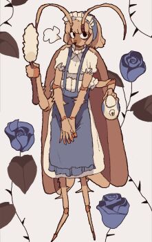 1girl absurdres antennae apron arthropod_girl blue_apron blue_flower commentary english_commentary floral_background flower full_body headhonchkrow highres holding holding_kettle insect_girl kettle looking_at_viewer maid_headdress moth_girl multiple_hands original own_hands_together solo standing